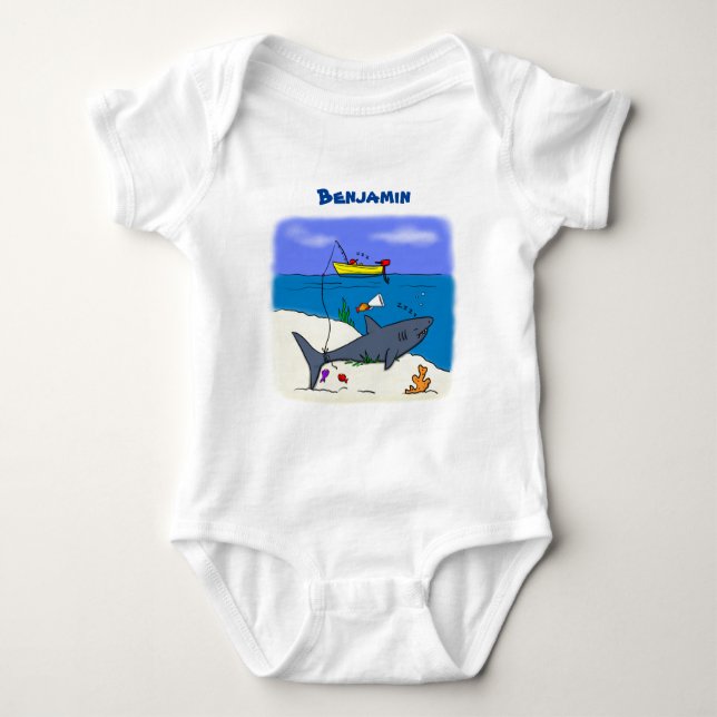 Funny sleeping shark and fishing cartoon baby bodysuit (Front)