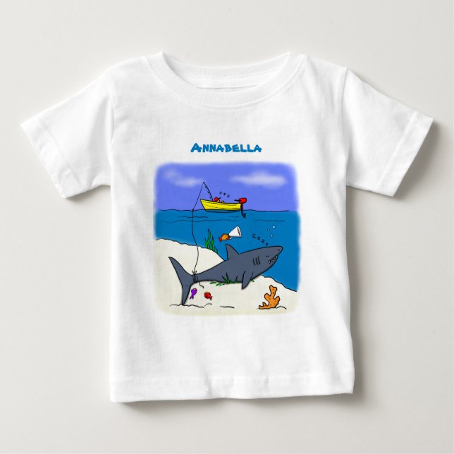 Funny sleeping shark and fishing cartoon baby T-Shirt (Front)