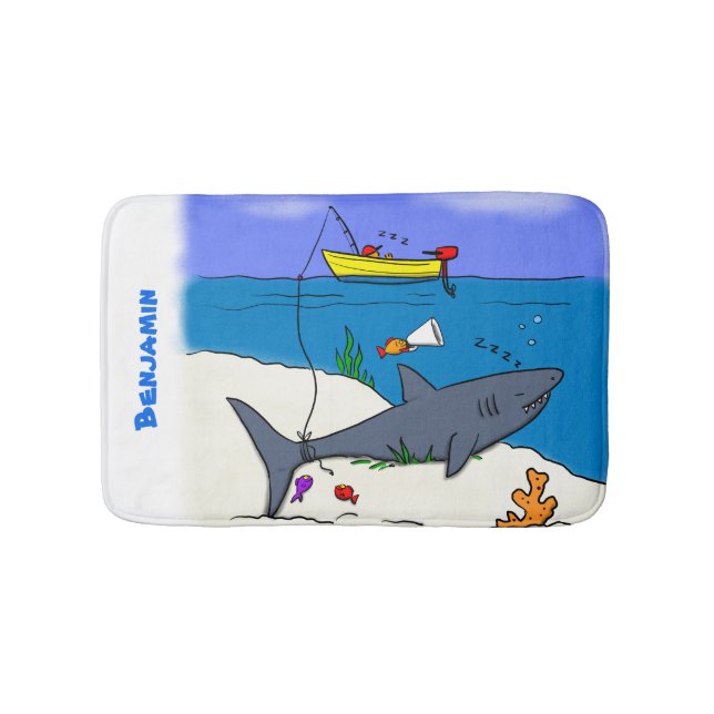 Funny sleeping shark and fishing cartoon bath mat (Front)