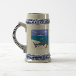Funny sleeping shark and fishing cartoon beer stein