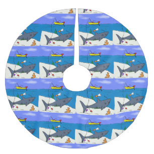 Funny sleeping shark and fishing cartoon brushed polyester tree skirt