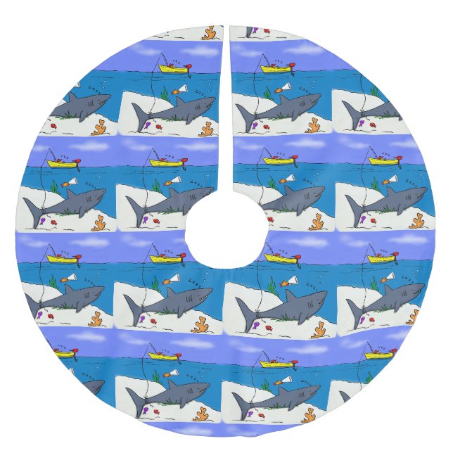 Funny sleeping shark and fishing cartoon brushed polyester tree skirt (Front)