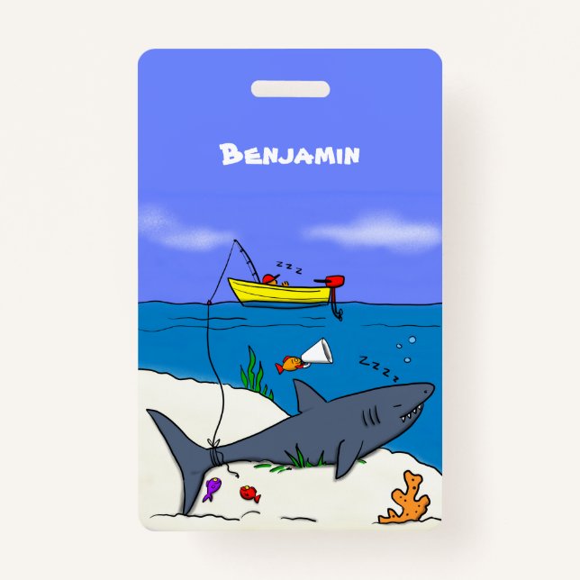 Funny sleeping shark and fishing cartoon ID badge (Front)