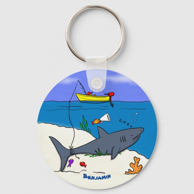 Funny sleeping shark and fishing cartoon key ring (Front)