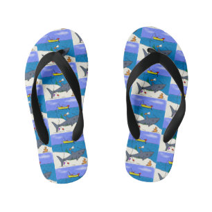 Funny sleeping shark and fishing cartoon kid's jandals