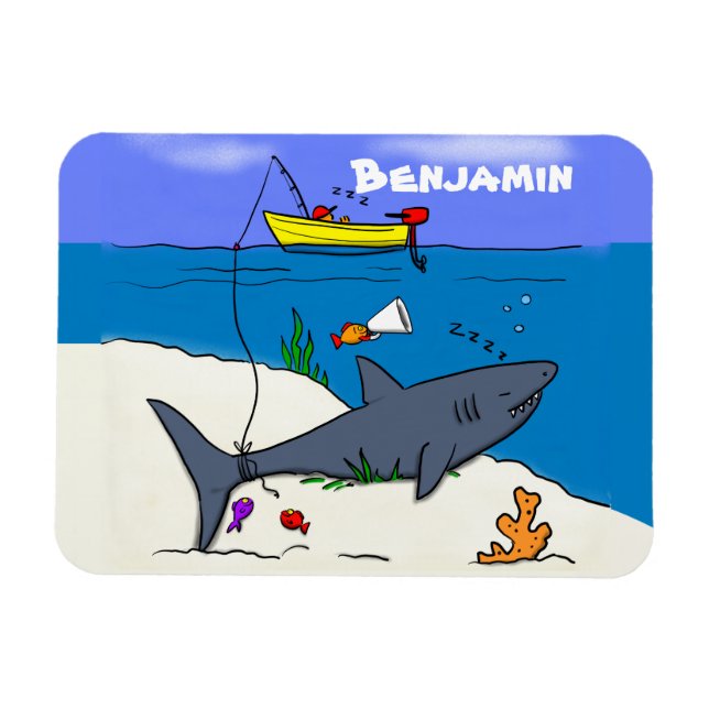 Funny sleeping shark and fishing cartoon magnet (Horizontal)