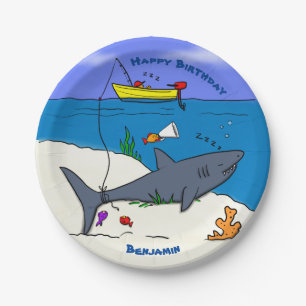 Funny sleeping shark and fishing cartoon paper plate