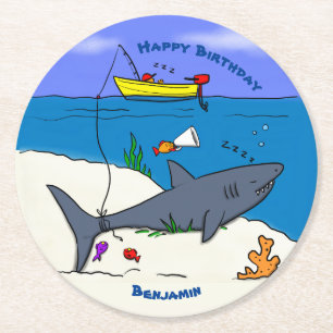 Funny sleeping shark and fishing cartoon  round paper coaster