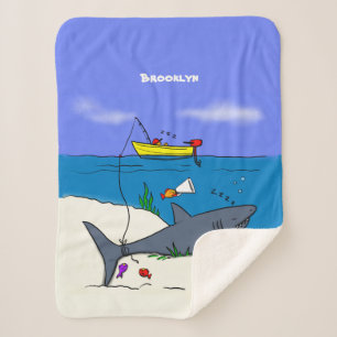 Funny sleeping shark and fishing cartoon sherpa blanket