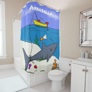 Funny sleeping shark and fishing cartoon shower curtain