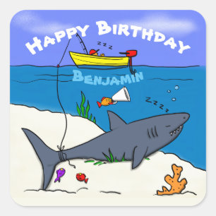 Funny sleeping shark and fishing cartoon square sticker