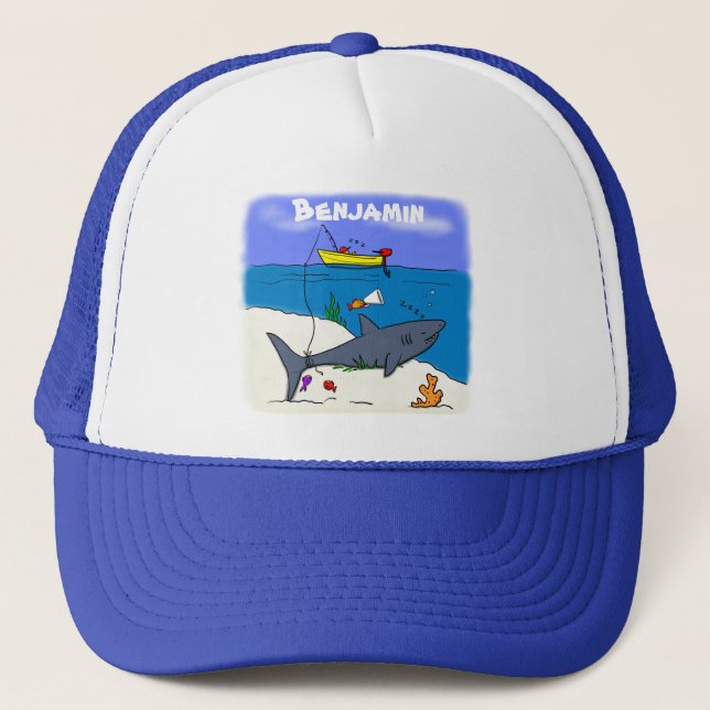 Funny sleeping shark and fishing cartoon trucker hat (Front)