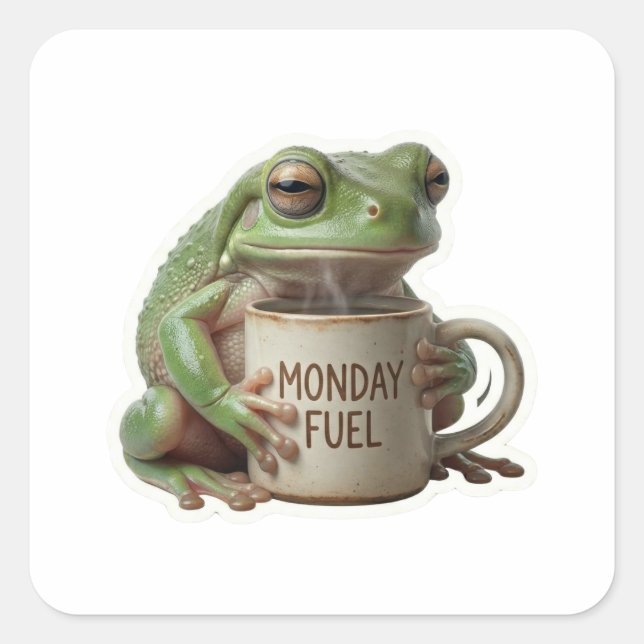 Funny Sleepy Frog Drinking Coffee Monday Fuel Square Sticker (Front)