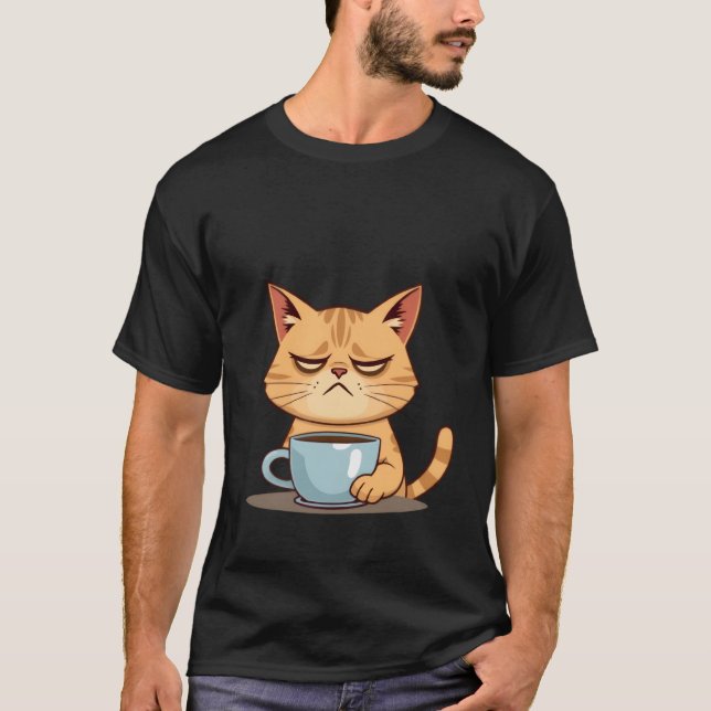 Funny Sleepy Ginger Cat Needs Coffee Morning ✨🐾☕ T-Shirt (Front)