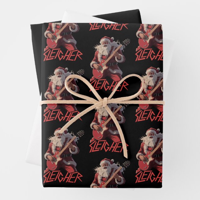Funny Sleigher Metal Band Rock Santa Christmas Wrapping Paper Sheet (In situ)