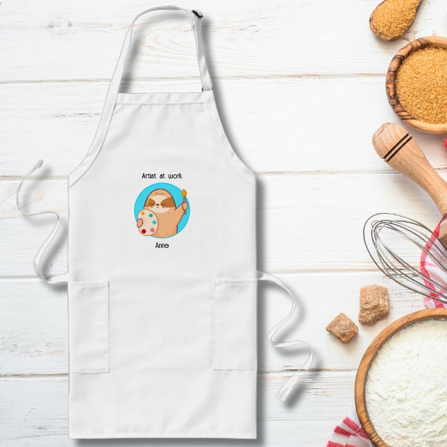 Funny Sloth Artist at Work Long Apron (Creator Uploaded)