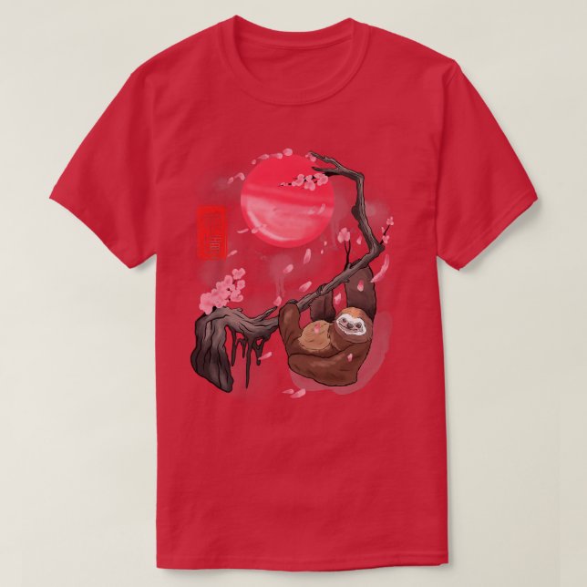Funny Sloth at Cherry Blossoms Tree Cool Sakura Ma T-Shirt (Design Front)