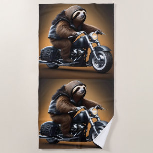 Funny Sloth Bikie On A Motorbike, Beach Towel