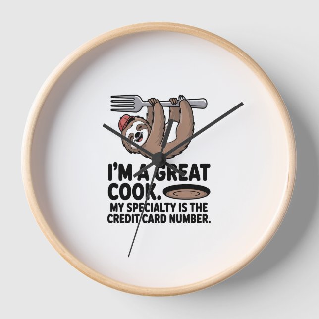 Funny Sloth Cook Hanging on a Fork Clock (Front)