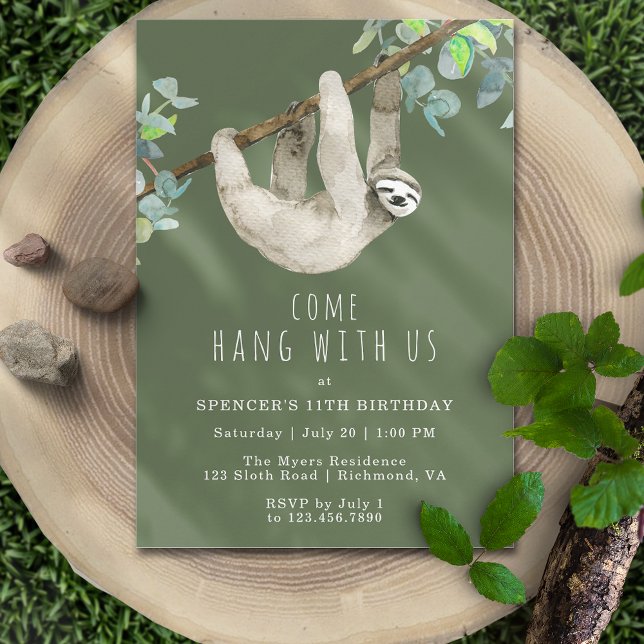 Funny Sloth Cute Forest Green Kids Birthday Party Invitation (Creator Uploaded)