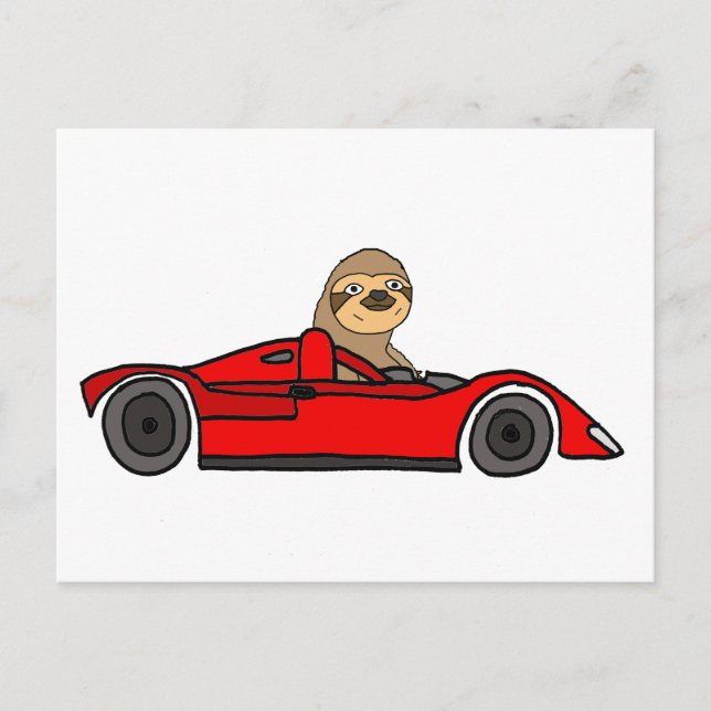 Funny Sloth Driving Race Car Cartoon Postcard (Front)