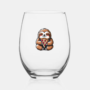 Funny Sloth eating Pizza, Kawaii Animal Lover Clas Stemless Wine Glass