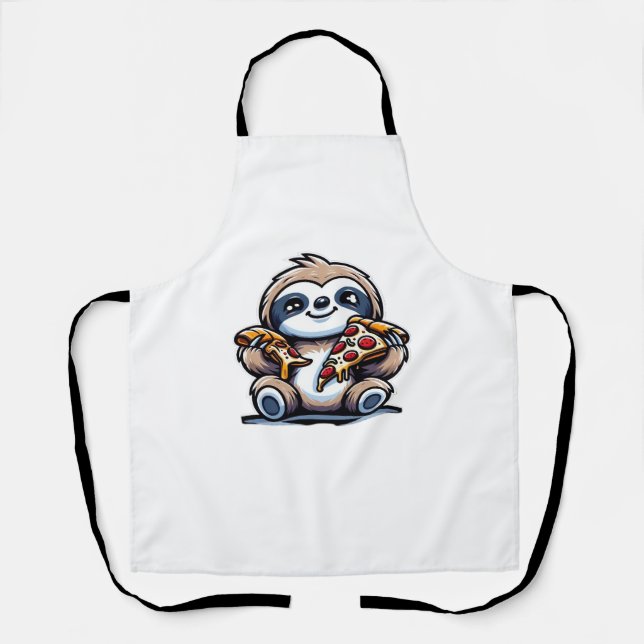 Funny Sloth eating Pizza, Kawaii Animal Lover Over Apron (Front)