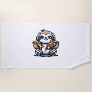 Funny Sloth eating Pizza, Kawaii Animal Lover Over Beach Towel