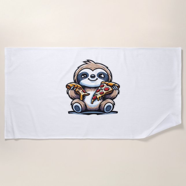 Funny Sloth eating Pizza, Kawaii Animal Lover Over Beach Towel (Front)