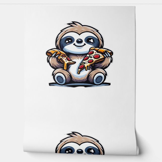 Funny Sloth eating Pizza, Kawaii Animal Lover Over Wallpaper (Unrolling)
