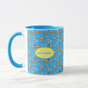 Funny Sloth Hearts Floral Blue Pattern Add Name Mug