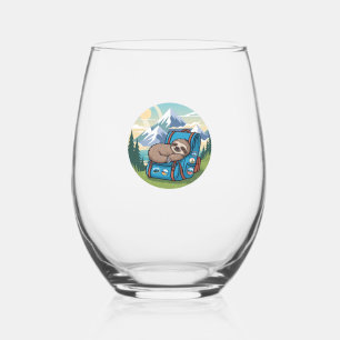 Funny Sloth Hiking Oversized T-Shirt Stemless Wine Glass