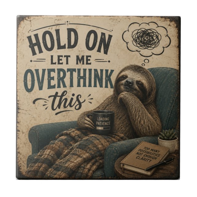 Funny Sloth Hold On Let Me Overthink This | Rustic Tile (Front)