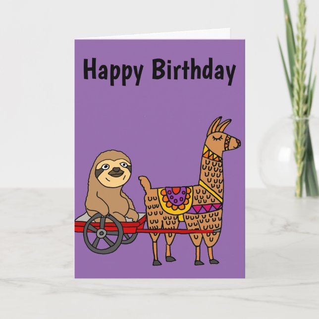 Funny Sloth in Red Wagon Pulled by Llama Card (Front)