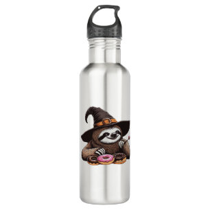 Funny Sloth in Witch Hat Enjoying Donuts - Cute Ha 710 Ml Water Bottle