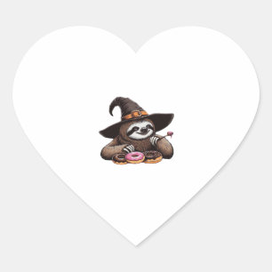 Funny Sloth in Witch Hat Enjoying Donuts - Cute Ha Heart Sticker