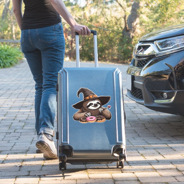 Funny Sloth in Witch Hat Enjoying Doughnuts - Cute (Suitcase Insitu)