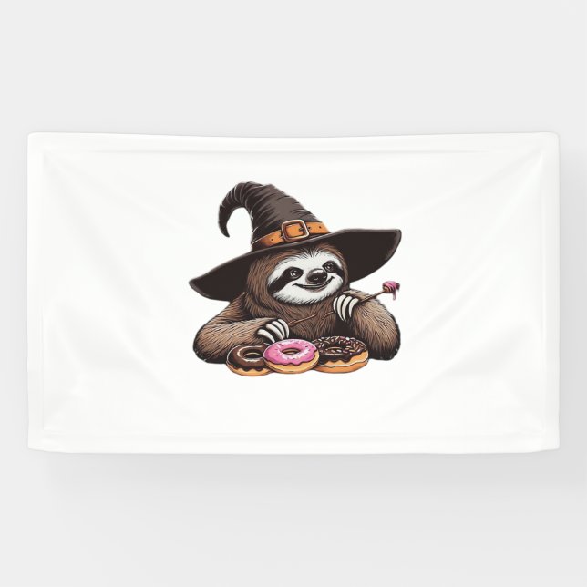 Funny Sloth in Witch Hat Enjoying Doughnuts - Cute Banner (Horizontal)