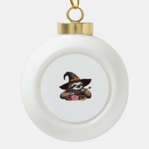 Funny Sloth in Witch Hat Enjoying Doughnuts - Cute Ceramic Ball Christmas Ornament
