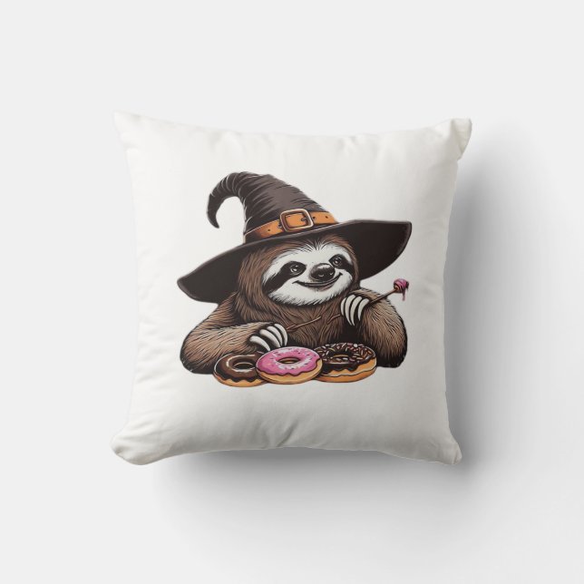 Funny Sloth in Witch Hat Enjoying Doughnuts - Cute Cushion (Front)