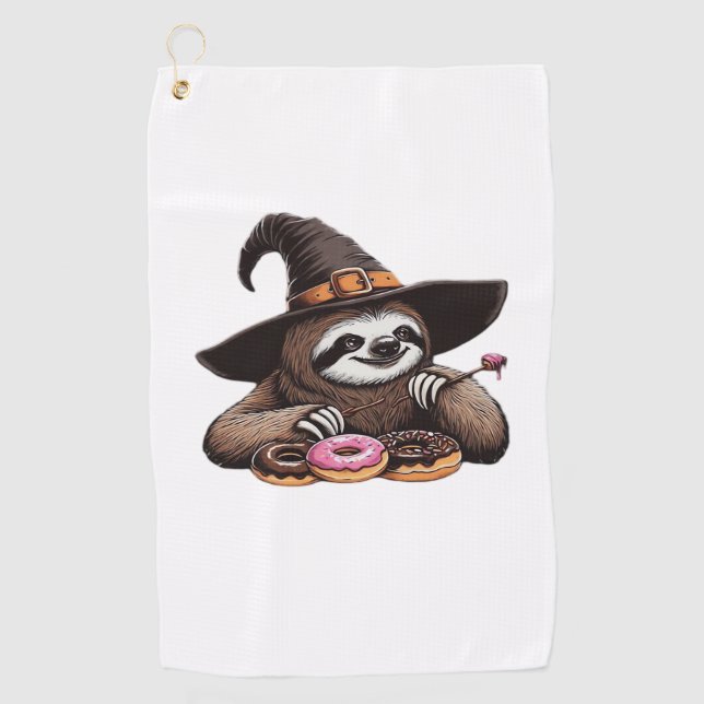 Funny Sloth in Witch Hat Enjoying Doughnuts - Cute Golf Towel (Front)