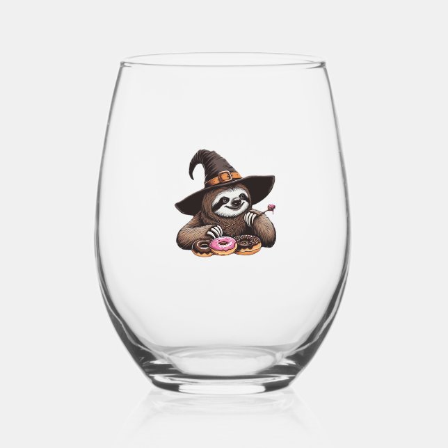 Funny Sloth in Witch Hat Enjoying Doughnuts - Cute Stemless Wine Glass (Front)