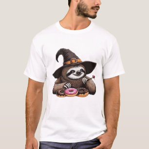 Funny Sloth in Witch Hat Enjoying Doughnuts - Cute T-Shirt