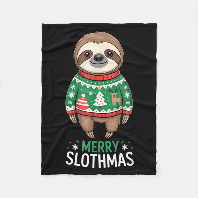 Funny Sloth Lover Christmas Merry Slothmas Ugly Ho Fleece Blanket (Front)