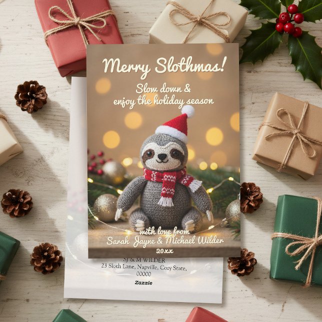 Funny Sloth Merry Slothmas Christmas Holiday Card (Merry Slothmas! Slow down and enjoy the holiday season! Just add your name and address)