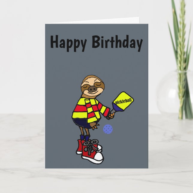 Funny Sloth Playing Pickleball Cartoon Card (Front)