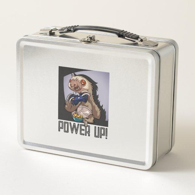 Funny Sloth Power Up! Video Games Console Cartoon Metal Lunch Box (Front)
