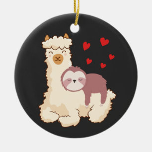 Funny Sloth Riding Llama Shirt funny Alpaca Hearts Ceramic Tree Decoration