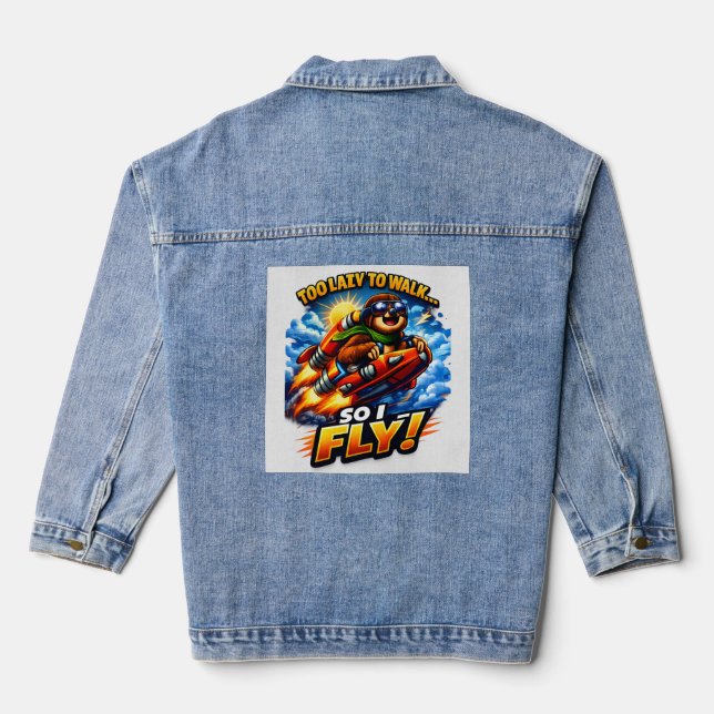 Funny Sloth Rocket Meme, Too Lazy to Walk So I Fly Denim Jacket (Back)