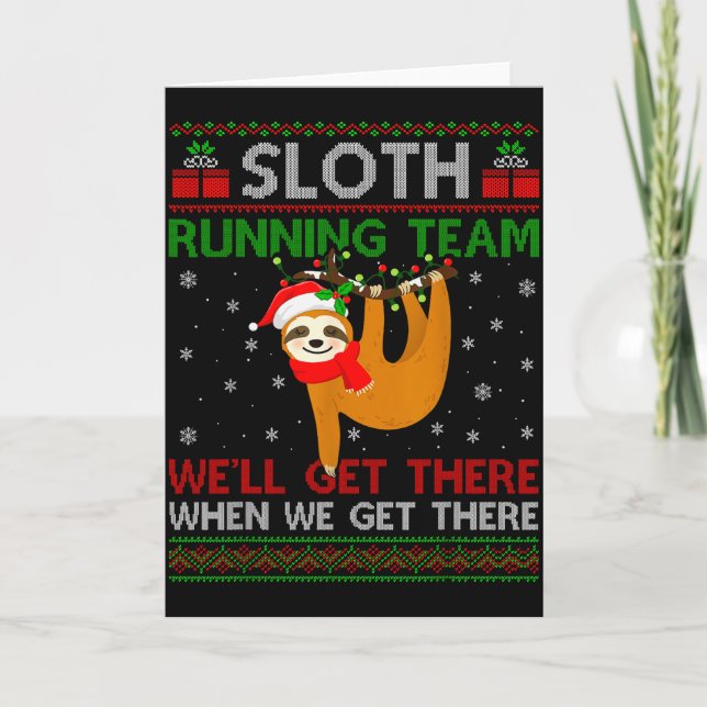 Funny Sloth Running Team Xmas Lights Ugly Sloth Ch Card (Front)
